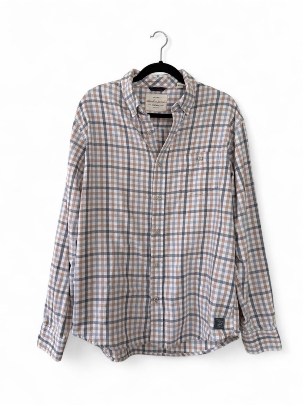 Weatherproof Plaid Button-Down Shirt - Beige & Light Blue